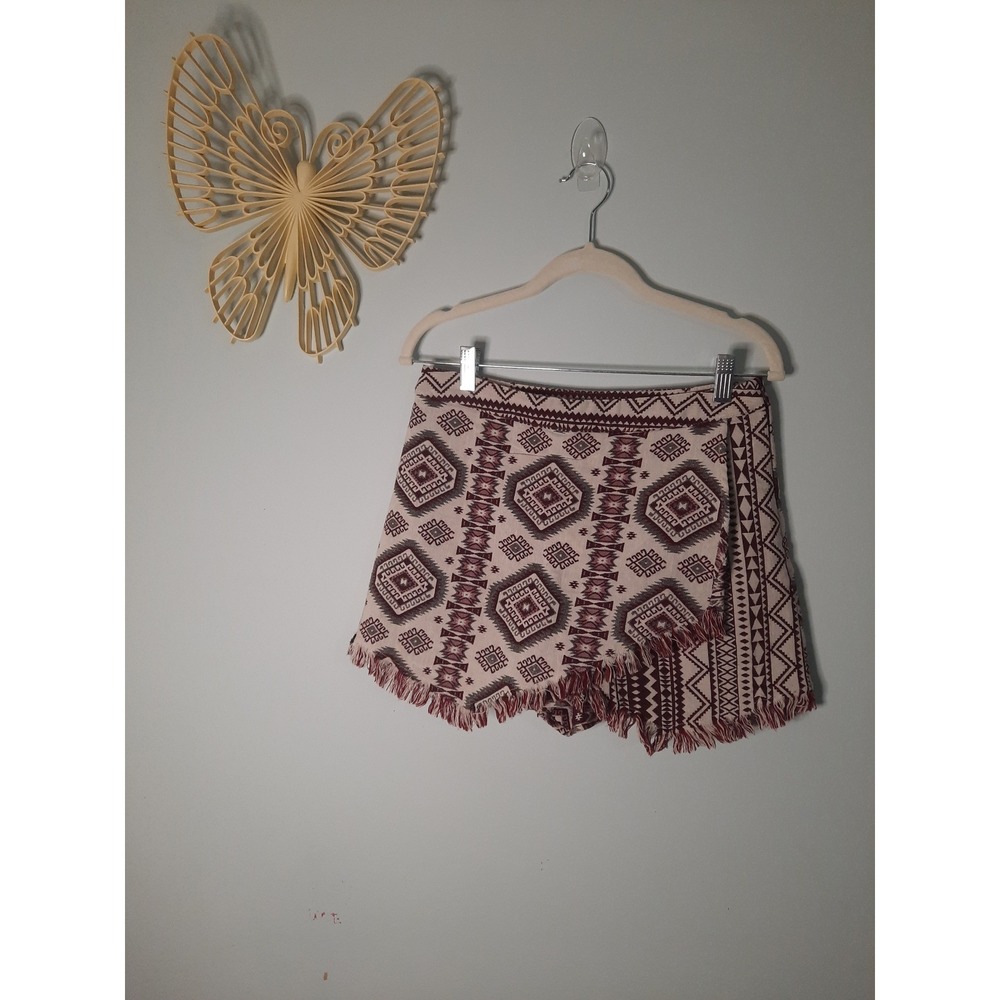 Southwestern Geometric Tapestry Fringed Wrap Skort Burgundy Cream Cotton Medium